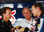 Руководитель Red Bull Racing Кристиан Хорнер, консультант команды Хельмут Марко и двукратный чемпион мира Формулы-1 Себастьян Феттель. Фото Red Bull