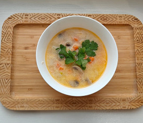 Фотография рецепта Суп с красной рыбой, шампиньонами и сливочным сыром