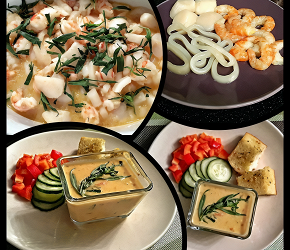Фотография рецепта Морепродукты в сырно-сливочном соусе с чесночными гренками