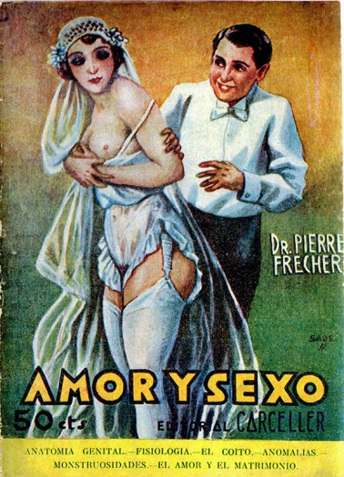 Книга доктора Пьерра Фрешера «Любовь и секс». Внизу на обложке, видимо, перечислены затрагиваемые темы: анатомия половых органов, физиология, половой акт, генетические аномалии, любовь и брак. 