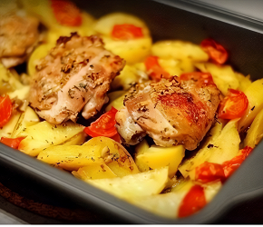 Фотография рецепта Курица, маринованная в кефире, запеченная с картофелем и травами