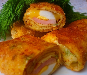 Фотография рецепта Блинчики с ветчиной, яйцами и сыром в панировке