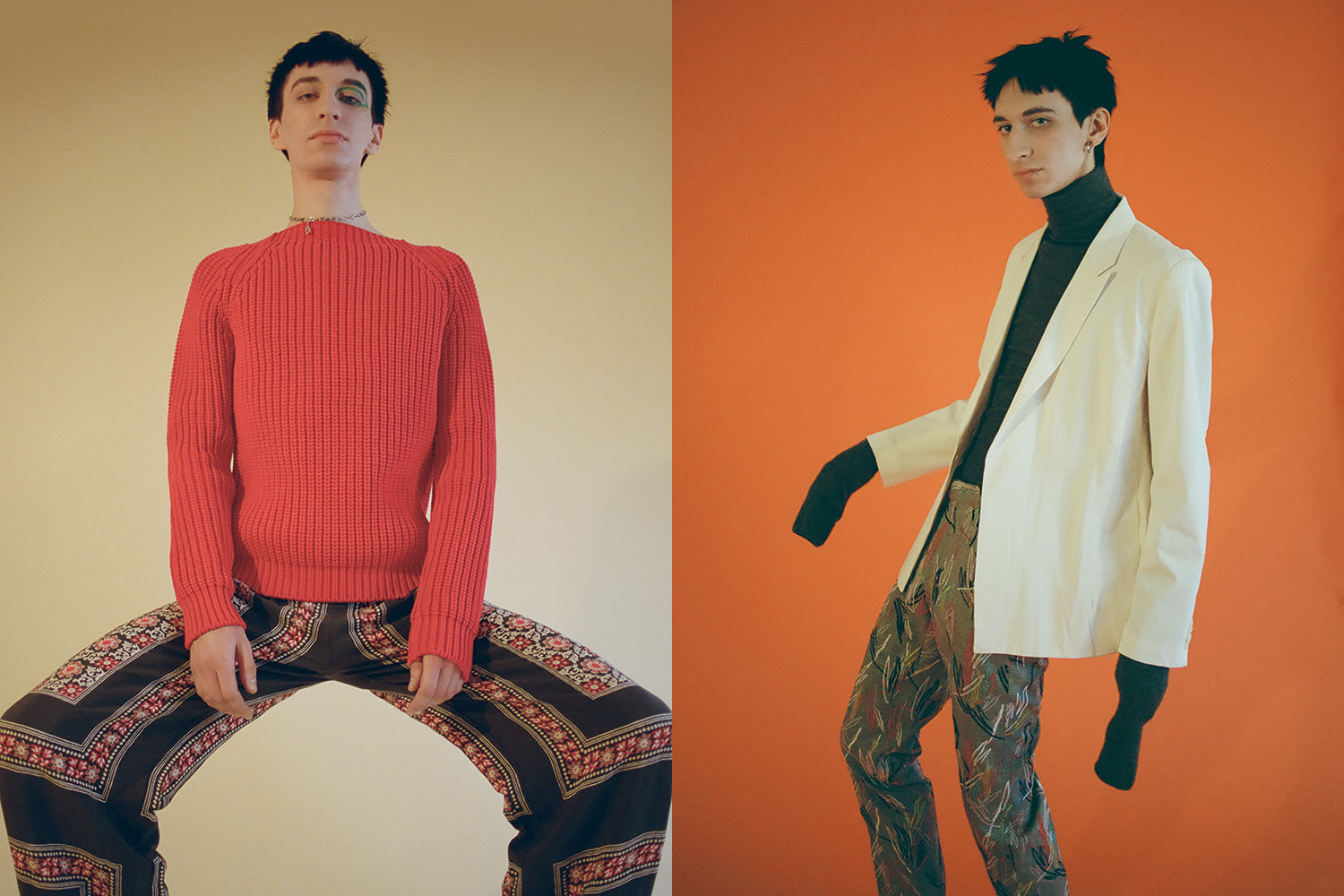 Слева: свитер Gucci, 45800 р., 
брюки Zara, 1999 р. Справа: пиджак H&M, 3999 р., 
водолазка Uniqlo, 999 р., 
брюки Dior, 59800 р.

