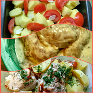 Курица с картофелем, запеченная в кефире с чесноком и травами