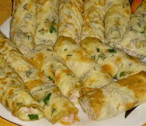 Фотография рецепта Яичные блинчики с курицей и грибами
