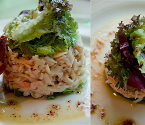 Фотография рецепта Салат из авокадо и крабового мяса под кедровым соусом с гренкой из хамона