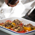 Фотография рецепта Запеченный перец с кускусом и фетой на подложке из запеченных овощей автор Иван Соколов