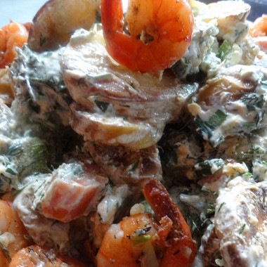 Рецепт Салат из запеченных овощей с креветками и заправкой крем-фреш